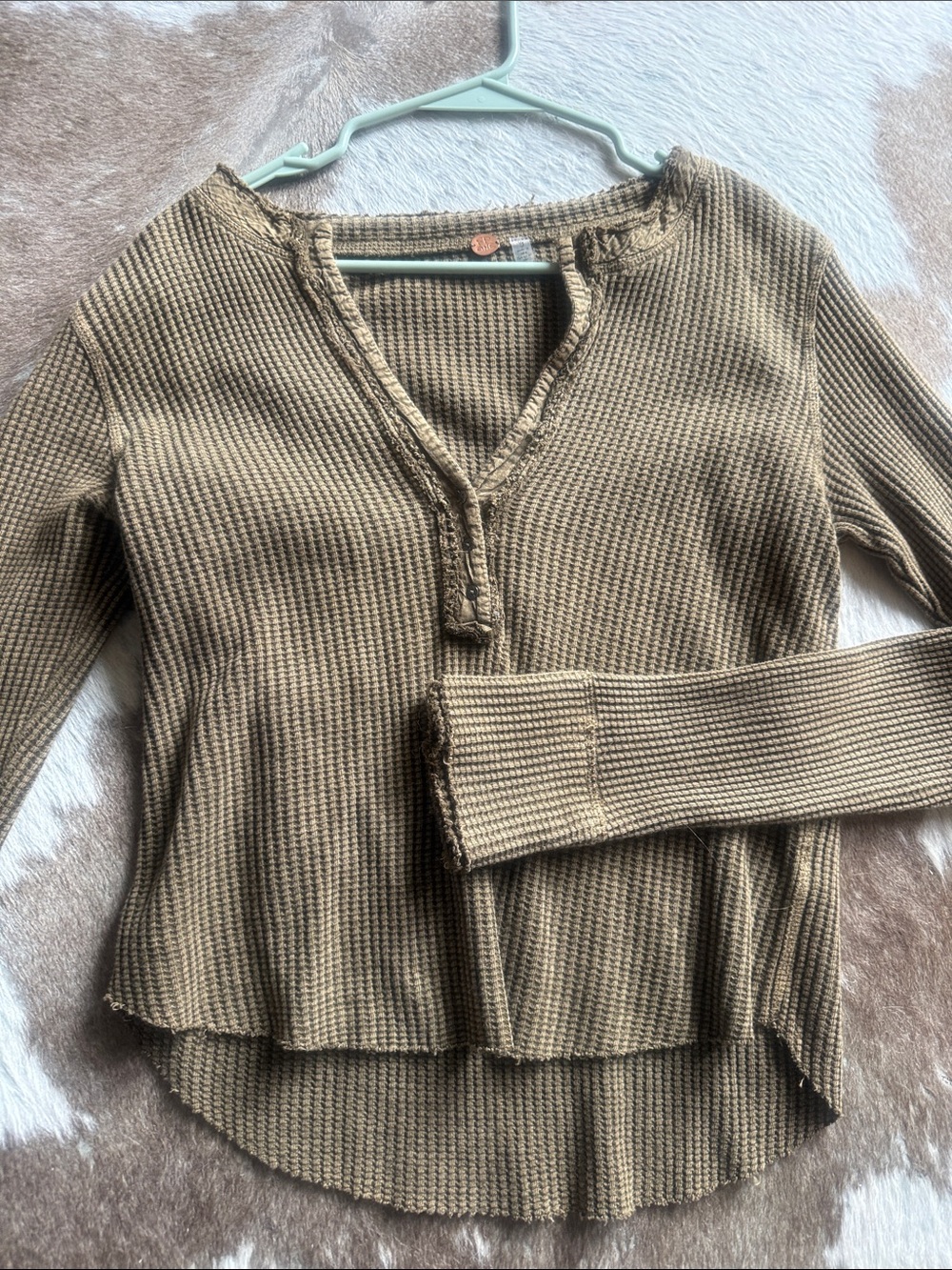 Free People Olive/Taupe Waffle Knit Long Sleeve Henley